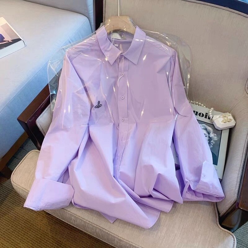 yipinpay Purple Shirt Women Blouse Chic Embroid Design Long Sleeves Casual Tops 2023 Fashion Vintage Single-Breasted Femmes Shirt