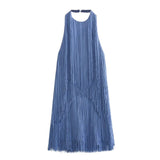 Yipinpay Fringed Halter Short Dresses For Women Blue Backless Mini Dress Woman Sexy Evening Party Dresses For Prom Summer Dress