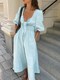 Yipinpay Light Blue Tunic Dress Puff Sleeve Women Twist Vacation Cotton Linen Dress Ladies Boho Casual Chic Dress Summer 2023