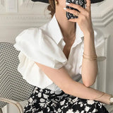 Yipinpay Black Shirts Women Camisa Feminina Blusas Single Breasted Palace Style Puff Tops Lantern Short Sleeve Blouse Summer Shirt