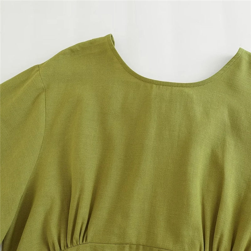 Yipinpay 2023 Woman Bow Backless Crop Top Women Green Short Sleeve Blouses Summer 2023 Tied Streetwear Cropped Chic Women Blouse