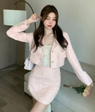 Yipinpay Notched Tweed Jacket Pink Blazer Mini Plaid Skirt Two Piece Sets Womens Outifits 2023 Autumn Winter Clothes Suits