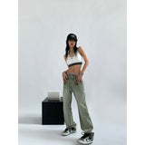 yipinpay Women&#39;s Green Jeans Vintage Washed Multiple Pockets Wide Leg Pants Casual Street High Waist Baggy Denim Trouser Ladies Summer