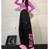Yipinpay Street Hip-Hop Loose Casual Dancing Sports Pants Retro Multi-Pocket Black Rose Pink Printed Overalls Trousers Female