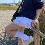 Yipinpay Y2k White Mini Skirt Women Summer Korean Fashion Embroidered Double-layer Ruffle Fairycore Cute High Waist Skirt Shorts