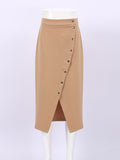 Yipinpay Vintage Khaki Button Slit Skirts Elegant Women Autumn 2023 High Waist A-Line Skirts Office Ladies Black Midi Skirts