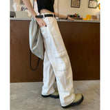 yipinpay Women Jeans Overalls High Waist American Fashion Vintage Wide Leg Jean Female Denim Trouser Straight Baggy Denim Pants