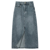 Yipinpay Blue Washed Denim Midi Skirt For Women Fashion Y2k Casual Loose Straight Long Skirts Jeans Knee Length A Line Waist Female