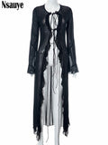 yipinpay Black Y2K Vintage See Though Summer Long Sleeve Beach Ruffles Maxi Dress Mesh Club Party Sexy Bandage Dresses Women 2023 911 920