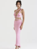 Yipinpay 2 Pieces Set Sexy Elegant Pink One Shoulder Crop Top and Long Skirt Set Satin Evening Night Party Dresses Women Outfit 2023
