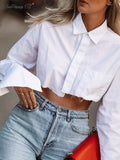 Yipinpay Streetwear White Cropped Blouse Women Long Sleeve Cotton Shirt Turn Down Collar Spring Casual Tops Button Irregular