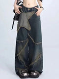 Yipinpay Retro High Waist Oversized Jeans Pants For Women Casual Baggy Y2K Wide Leg Grunge Streetwear Patchwork Denim Trouser