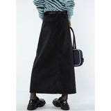 yipinpay Women Black Denim Half Body Skirt Split Fork High Waist Casual Korean Fashion Mid Length Bottoms Baggy Vintage Female Long Skirt