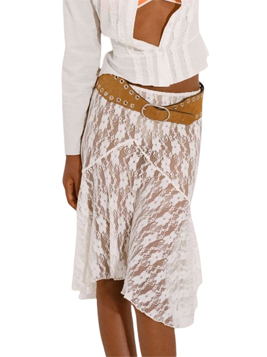 Yipinpay Fashion Women Midi Skirt Low Waist Flower See-Through Irregular Summer Skirt For Beach Vacation Skin Friendly Hot Sale