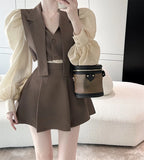 Yipinpay Two Piece Sets Women Puff Sleeve Patchwork Loose Grey Suit Short Jacket Cardigan High Waist Pleated Skirts Sets Coat Spring