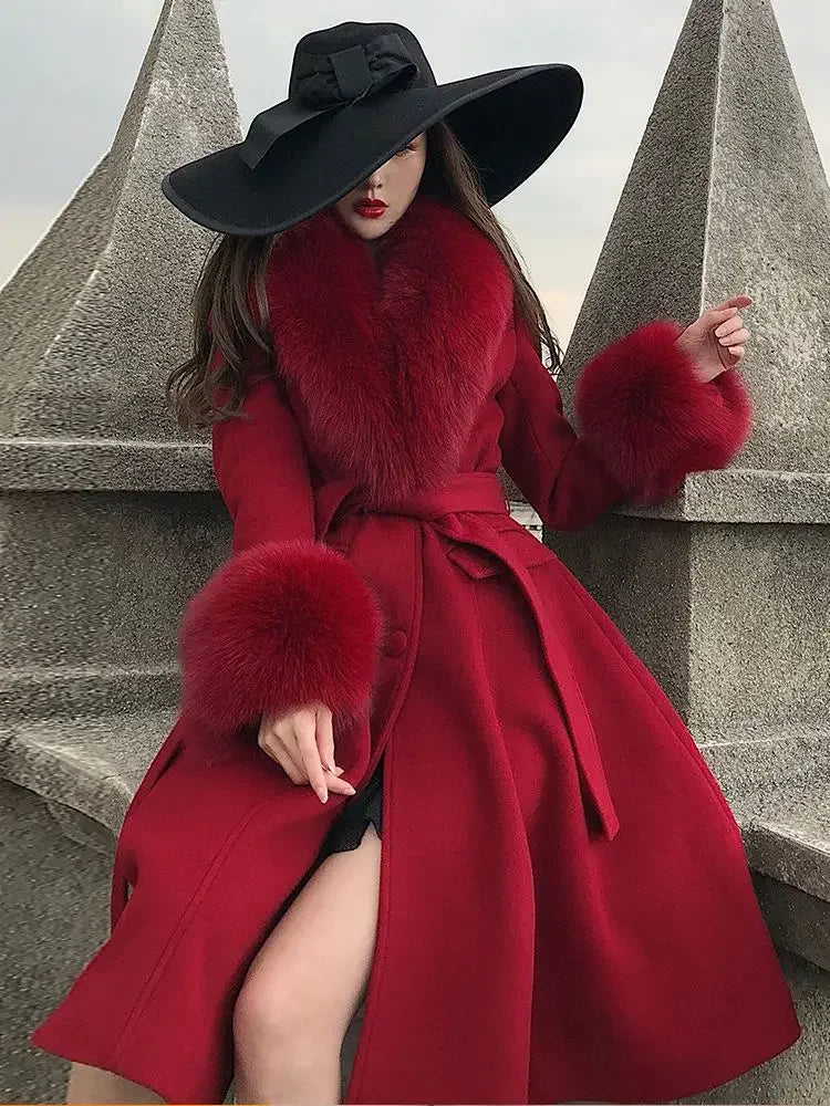 Yipinpay Coat Mid-length 2023 Autumn and Winter Models Red Big Fur Collar Fashion Slimming Ladies Temperament Waist Jacket Women