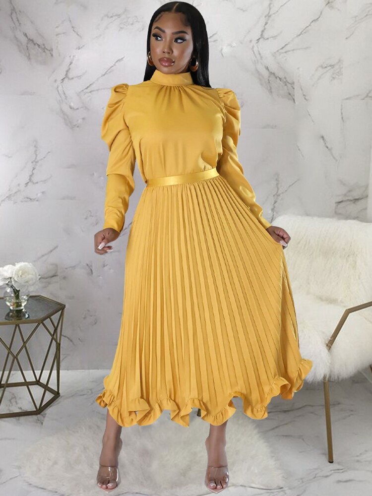 Yipinpay Women Sets Two Piece Set O-Neck Long Lantern Sleeve Top And Elegant Pleated Long Skirt High Streetwear Casual Beach Suit