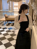 Yipinpay Sleeve Elegant Lace Dress Party Casual 2023 Autumn Slim Vintage Black Midi Dress Woman Design Korean Style Backless Dress