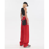 yipinpay Women's Clothing Red Jeans Vintage Casual Straight Self Cultivation Wide Leg Pants High Waist Baggy Denim Trouser Ladies Summer
