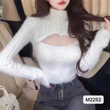 Yipinpay High Collar Sweaters Long Sleeve Top Mink Cashmere Sweet Solid Soft Mohair Pink Sweater Women Sueters De Mujer Crop White