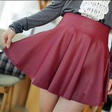 Yipinpay Women Faux Leather Vintage Skirts Elastic High Waist Skater Flared Pleated Stretch Mini Skirt