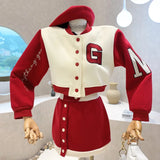 Yipinpay Embroidered Letter Coat Short Bomber Jackets Patchwork Contrast Mini Black Skirt Sets Autumn 2023 Casual 2piece Tracksuits