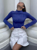 Yipinpay Folds Chic Jersey T-Shirts Women Blue Turtleneck Tops Spring Inside Casual Bodycon Tee Female Long Sleeve Streetwear