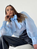 Yipinpay Sexy Women Mesh Perspective Blouses Puff Sleeve Bowknot Tops Office Ladies Ruched Shirts Loose Spring Summer 2023 920