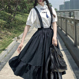 Yipinpay Sweet Women Skirt Preppy Style Strap Long Skirt Ruffles Loose Cute Student Casual Skirt Female Skirts 2023 HOT