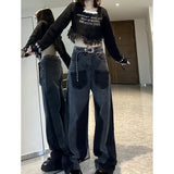 Yipinpay Street Retro Multiple Pockets High Waist Thin Irregular Straight Baggy Jeans Women Autumn Winter Black Wide Leg Pants