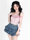 Yipinpay Belts Y2k Pleated Denim Skirt Women Sexy Egirl Double Layer Ruffle Patchwork High Waist Jean Skirt Shorts Punk Summer