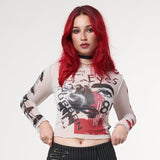 Yipinpay Gothic Aesthetic See Through Women T-shirts Grunge Sexy Printed Bodycon Crop Tops Punk E-girl Long Sleeve Clothes