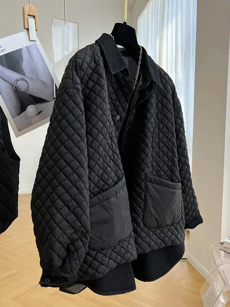 Yipinpay Winter New Diamond Plaid Cotton Coat Denim Shirt Patchwork Fake Two Piece Black Parkas Puffer Jacket Ropa Mujer Top
