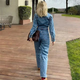 Yipinpay Blue Denim Jumpsuit Women Elegant Long Jumpsuits Woman 2023 Long Sleeve Jean Woman Jumpsuit Straight Leg Summer Overalls