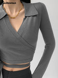 Yipinpay Waist Cross Bandage Polo Shirt Women Y2K Tops Fashion Fitness V-neck T-shirts Woman 2023 Spring Autumn