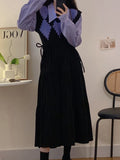 Yipinpay French Vintage Knitting Midi Dress Women Black Loose V-neck Long Sleeve Dress Elegant Office Lady Turn-down Collar Dress