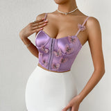 Yipinpay Women's Vintage Summer Mini Skinny Camisole Purple Sleeveless Backless 3D Butterfly Decor Corset Shaperwear Crop Tops