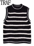 Yipinpay Striped Sweater Vest For Women Knitted Sleeveless Vest Woman Round Neck Cropped Sweaters Winter Women's Sweaters 2023