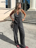 Yipinpay Street Style Women 2-Pieces Pants Suits Gray Vest Tops And Straight Pants Office Outfits Classy Black Pants Suits