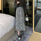 Yipinpay Wild High Waist Slim Black Sequins Skirt Women A Line Long Faldas Largas Y2k Skirts Grey Spring New