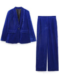 Yipinpay Blue Velvet Blazer Women Office Casual Blazer Woman Autumn Vintage Long Sleeve Jacket Women's Elegant Suit Pants And Jacket