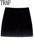 Yipinpay Black Velvet Mini Skirt Women Sequins Rhinestone Skirt For Women High Waist Vintage Short Skirts Woman Asymmetrical Skirt
