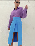 Yipinpay Elegant Patchwork Fashion Skirt 2023 Purple Chic Women High Waist Midi Skirts Slit Office Ladies Asymmetrical Skirt