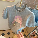 Yipinpay Cartoon Sweaters Jumper Sueter Mujer Y2k Top Slim Crop Puff Short Sleeve Sweater Femme Women Knitted Shirt Pull T-shirts