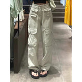 yipinpay Women Vintage Beige High Waist Cargo Pants Fashion Pocket Baggy Straight Y2K Wide Leg Pants Street Mopping Trouser Ladies Summer