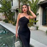 Yipinpay Black Long Dress Women Satin Backless Dress Woman Beaded Halter Evening Party Dresses For Women 2023 Sexy Summer Dresses