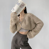 Yipinpay Colors Hotsweet Mohair Crop Cardigan Women New Spring Autumn Slim Single Button Lantern Sleeve Fuzzy Sweater Jackets