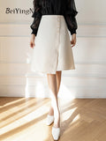 Yipinpay Women's Knee-length Skirts Single-breasted Chic Korean Fashion A-line Skirt Lady Simple Luxury Office Wear OL Skirts
