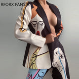 Yipinpay Women Elegant Turn Down Color All Over Print with Abstract Pattern Long Sleeves Blazer Jacket
