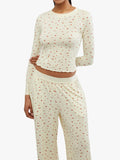 Yipinpay Women Y2K 2 Pieces Pajama Set Long Sleeve Crop Tops + Elastic Wide Leg Pants for Loungewear Aesthetic Soft Sleepwear